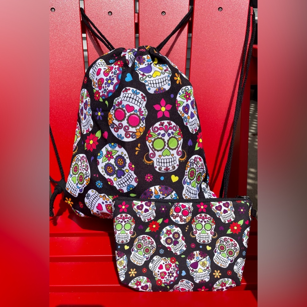 BOGO FREE Sugar Skull 💀❤️string backpack with matching zipper accessory bag.
